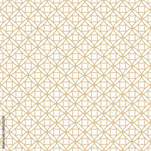 Golden vector seamless pattern. Simple floral grid geometric ornament. Abstract gold and white background texture with curved lines, flower silhouettes, lattice, repeat tiles. Elegant luxury design