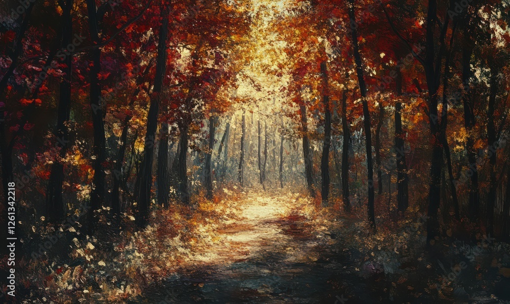 Vibrant autumn forest with fiery red, orange, and golden leaves, dappled sunlight filtering through branches, serene path inviting tranquil exploration, seasonal beauty captured perfectly Vibrant autumn forest with fiery red, orange, and golden leaves, dappled sunlight filtering through branches, serene path inviting tranquil exploration, seasonal beauty captured perfectly