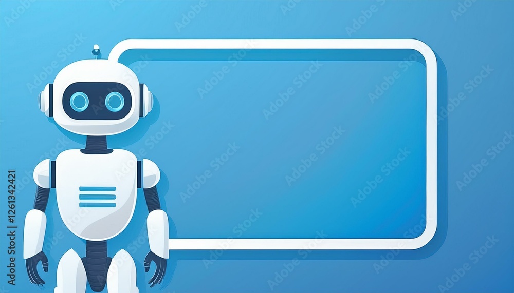 Friendly robot with blank sign on blue background 