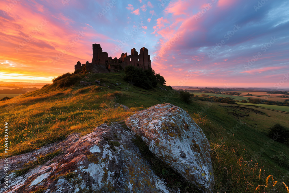 Fototapeta premium Majestic Castle Ruins at Sunrise: A Breathtaking Landscape Panorama