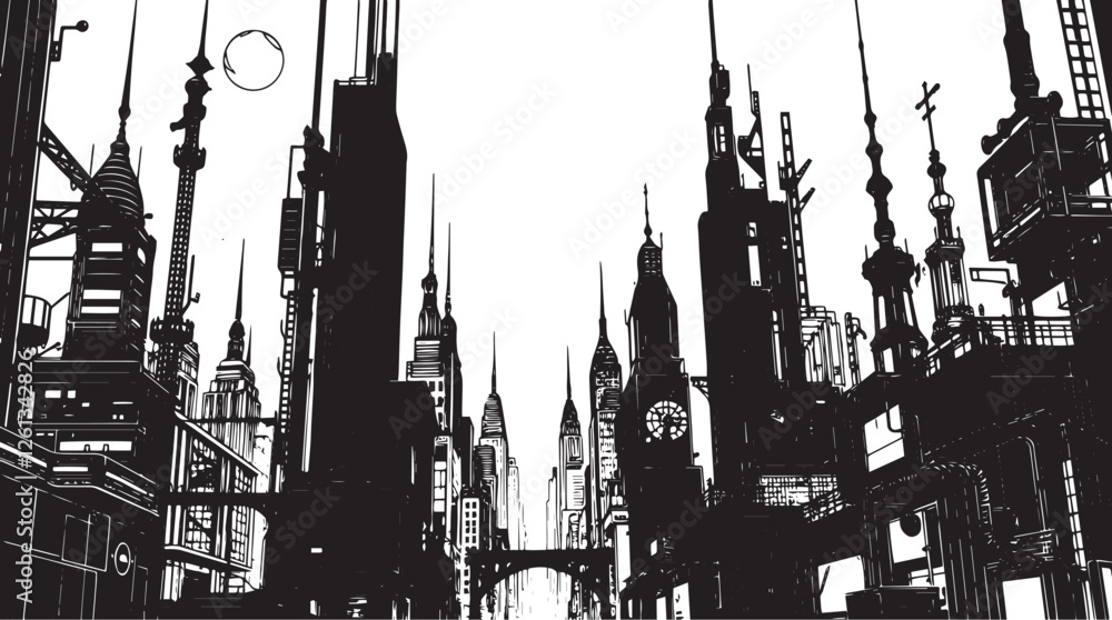 Fototapeta premium Futuristic City landscape. Different buildings on street, outline cityscape hand sketch, flat houses. Hand drawn vector illustration