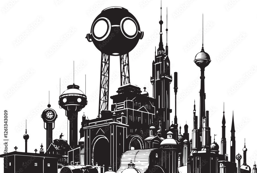 Obraz premium Futuristic City landscape. Different buildings on street, outline cityscape hand sketch, flat houses. Hand drawn vector illustration