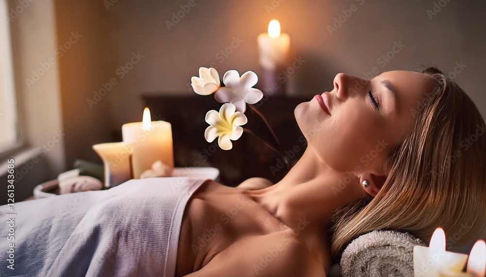 Naklejka premium a woman in a white robe is relaxing at a spa, getting a massage, with flower petals around her face, while a soothing light from burning candles illuminates her face. The photo evokes peace.
