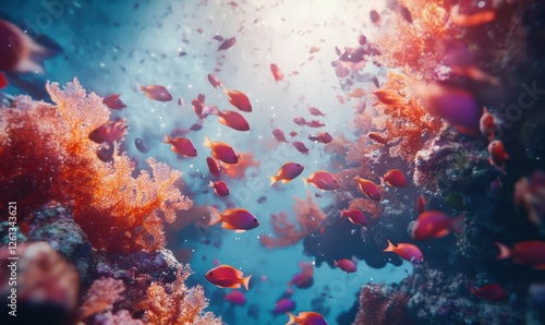 Fototapeta Naklejka Na Ścianę i Meble -  Lively coral reef teeming with colorful fish, bright blues mingling with fiery orange corals, underwater wonderland radiance.