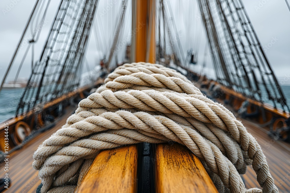 Obraz premium Close-up of a thick marine rope on the wooden deck of a sailing ship, with blurred masts and rigging in the background