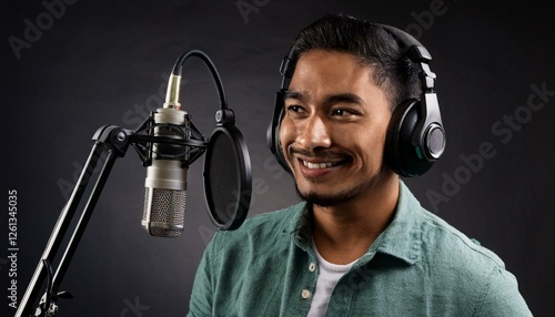 A smiling man wearing headphones records an audio podcast or music.  The microphone is capturing the sound of his voice