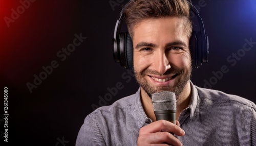 Smiling man with headphones holding microphone photo