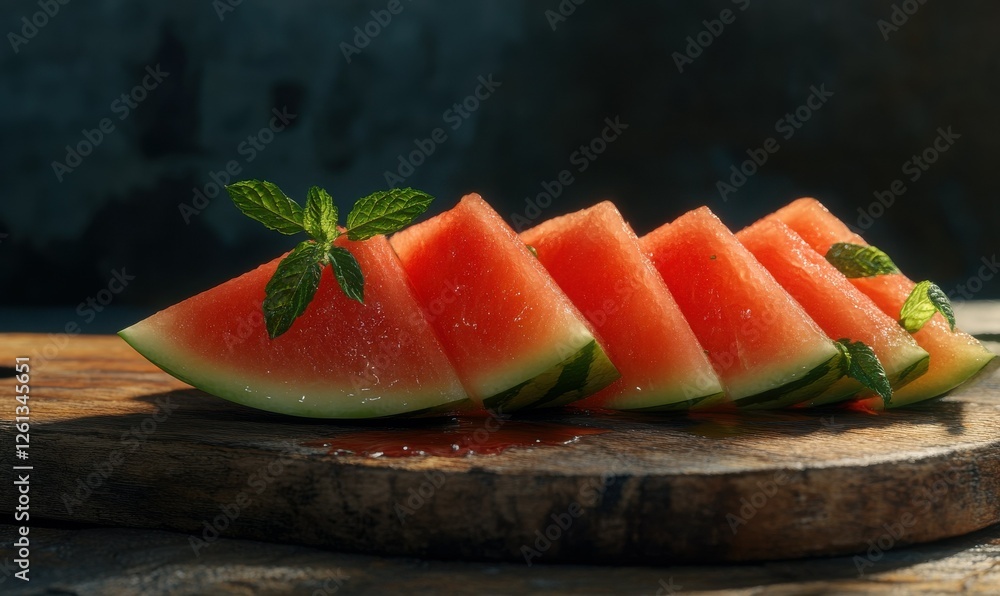 Vibrant watermelon slices with fresh mint leaves, displayed on a rustic wooden board for a refreshing summer concept. Vibrant watermelon slices with fresh mint leaves, displayed on a rustic wooden board for a refreshing summer concept.