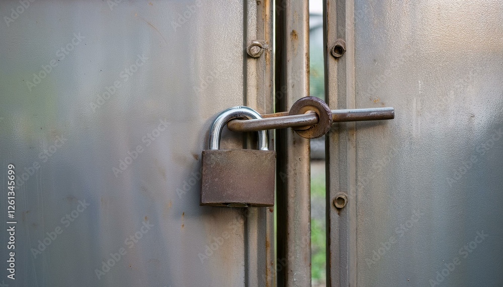 a rusty padlock on a steel door. The padlock is closed, and the door is shut. A sense of security or restricted access is conveyed. a rusty padlock on a steel door. The padlock is closed, and the door is shut. A sense of security or restricted access is conveyed.