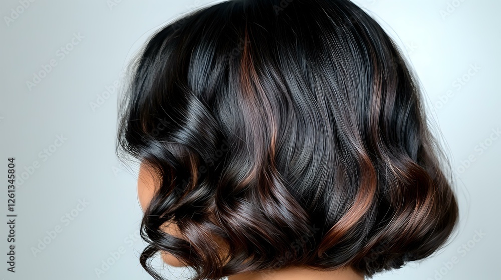 Fototapeta premium Young Asian woman with glossy dark brown hair styled in elegant vintage waves against light background, showing professional hairstyling technique and healthy hair texture.
