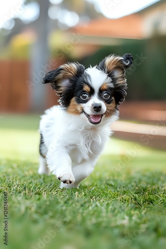 Playful Papillon puppy running on green grass with happy expression, long-haired tricolor dog showing joyful energy outdoors in natural backyard setting.