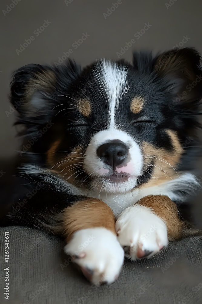 Sleeping tricolor Papillon puppy with closed eyes resting on grey couch, showing peaceful expression and distinctive butterfly-shaped ears. Perfect for pet care themes. Sleeping tricolor Papillon puppy with closed eyes resting on grey couch, showing peaceful expression and distinctive butterfly-shaped ears. Perfect for pet care themes.