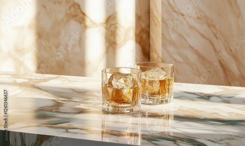 Whiskey glasses on a marble table in elegant setting.