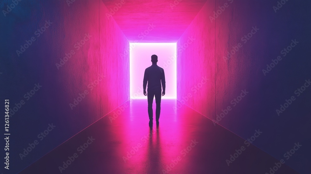 A man walks through a tunnel with a neon pink light on the wall A man walks through a tunnel with a neon pink light on the wall
