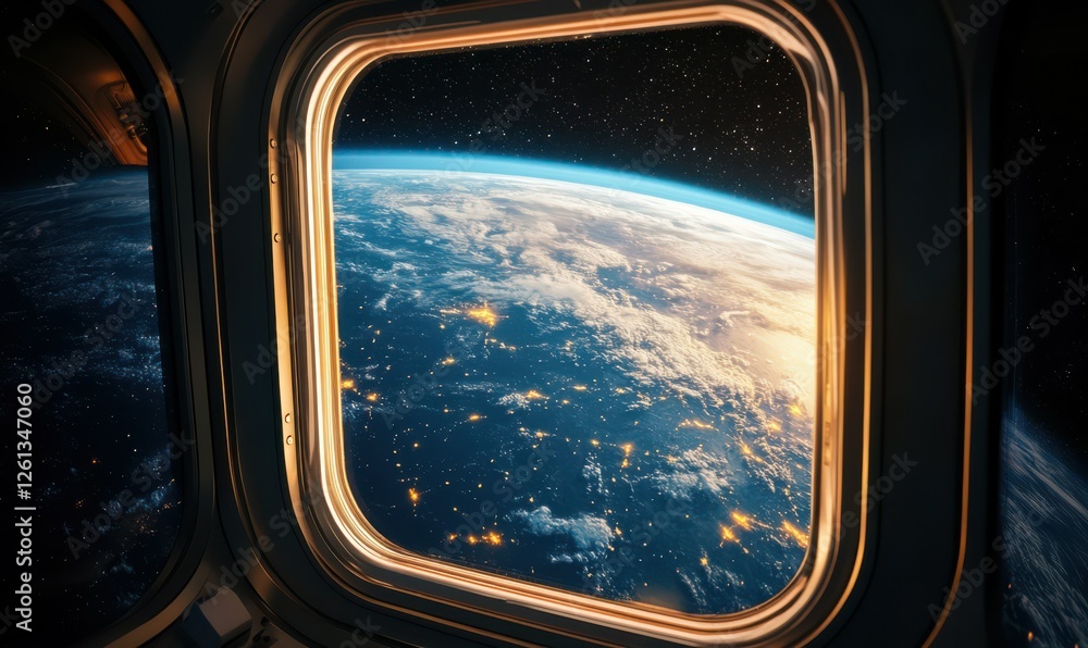 Spacecraft window framing the glowing Earth with dazzling clarity, capturing the wonder and beauty of our fragile planet. Spacecraft window framing the glowing Earth with dazzling clarity, capturing the wonder and beauty of our fragile planet.