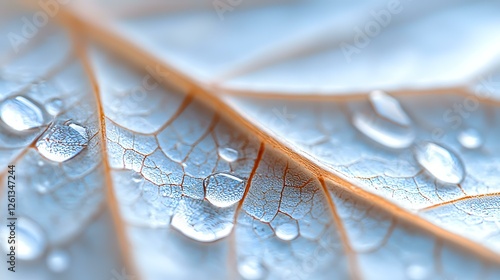 Water drops on brown autumn leaf macro photography showing nature details, leaf veins and pure dew droplets in morning light with soft blue tones and shallow depth of field. photo