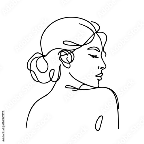 Line drawing of woman with curly hair looking sideways on white background