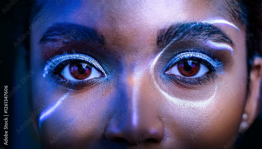 Close up of a woman's eyes with blue and white accents, The deep brown eyes looking directly at the camera. The lighting creates a dramatic and captivating image. Close up of a woman's eyes with blue and white accents, The deep brown eyes looking directly at the camera. The lighting creates a dramatic and captivating image.