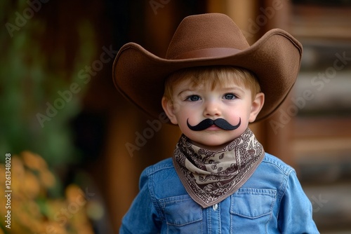 A witty depiction of a boy adorned with a mustache and a cowboy hat photo