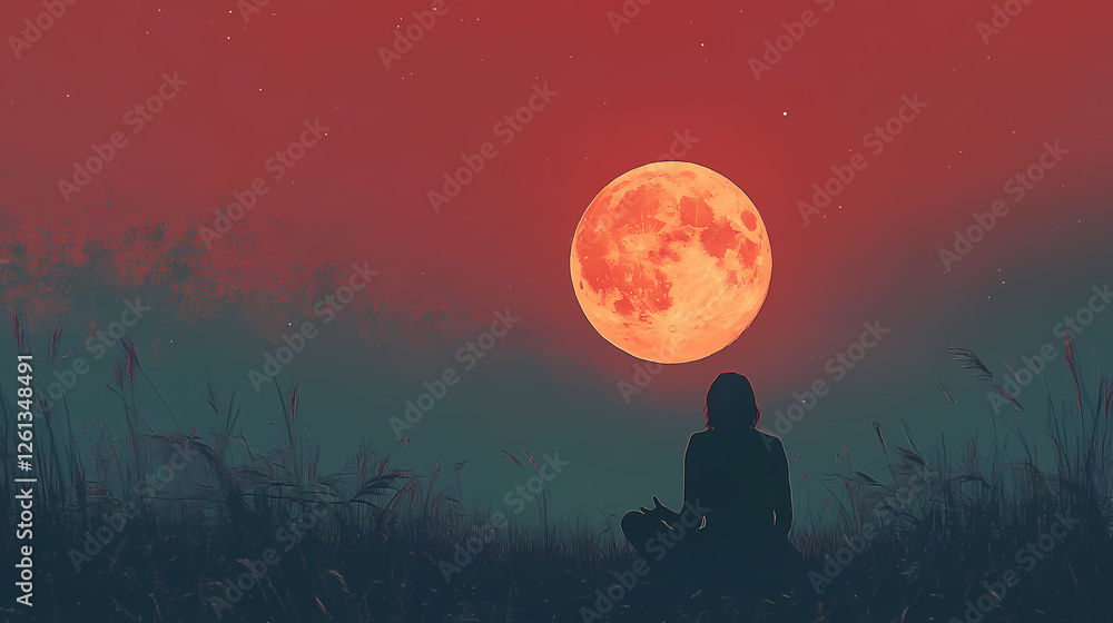 Finding inner peace meditation under the blood moon sky. Blood Moon Rituals. Illustration Finding inner peace meditation under the blood moon sky. Blood Moon Rituals. Illustration