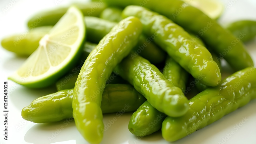 Fresh green chili peppers with slices of lime on a white plate Fresh green chili peppers with slices of lime on a white plate