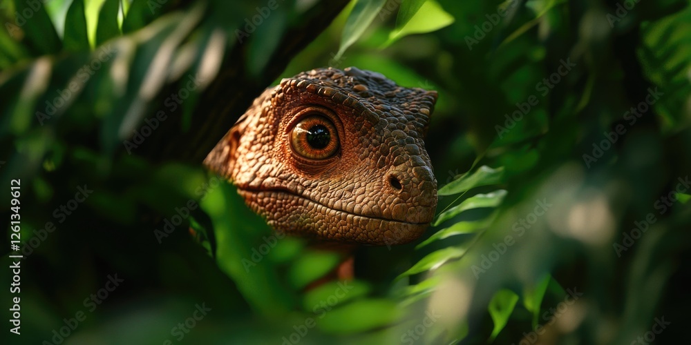 Fototapeta premium Vintage Dinosaur Poking Through Leaves