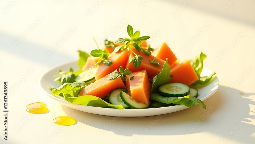 Fresh salad with cucumber and cantaloupe in sunshine Fresh salad with cucumber and cantaloupe in sunshine