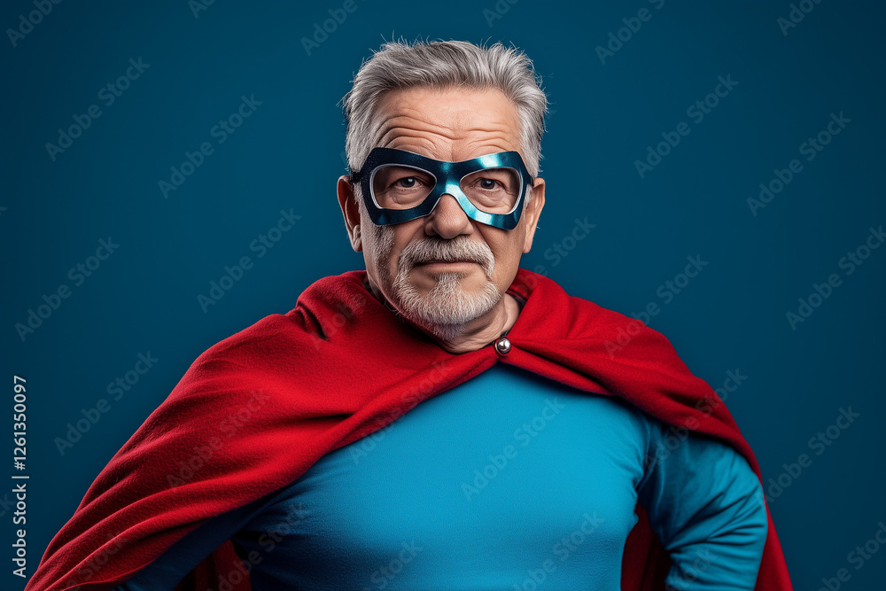 Fototapeta premium Grandfather in Superhero Costume Isolated Color Background