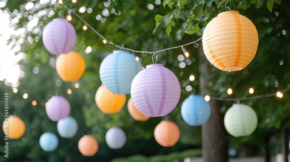 Obraz premium Colorful paper lanterns strung in a park at twilight. Possible use Festive event, outdoor party
