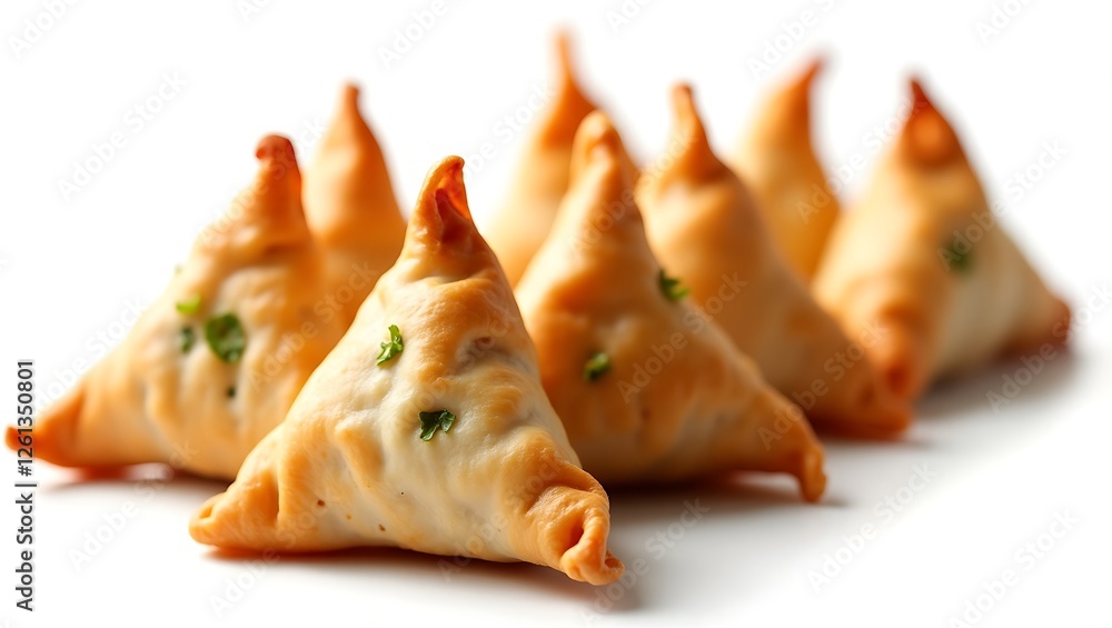 Tasty samosas lined up on a clean surface ready for serving at a gathering Tasty samosas lined up on a clean surface ready for serving at a gathering