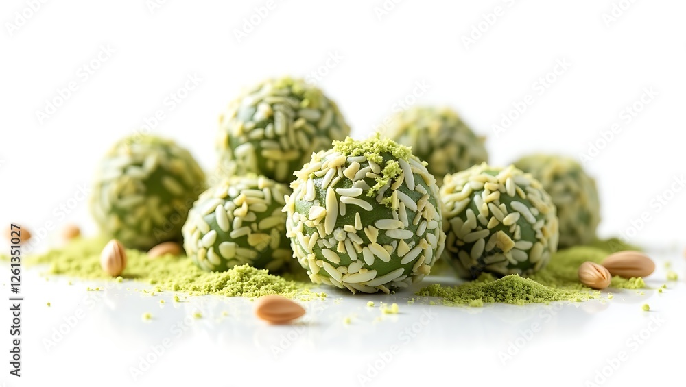 Green dessert balls coated in nuts and surrounded by matcha powder on white surface Green dessert balls coated in nuts and surrounded by matcha powder on white surface