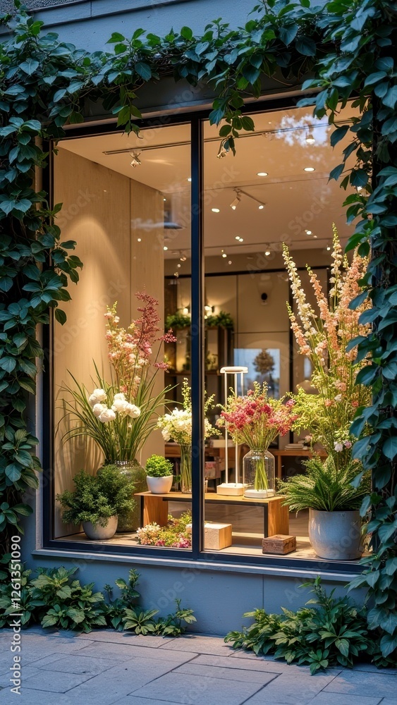 Fototapeta premium Beautifully arranged flowers in glass window displayed in urban floral shop