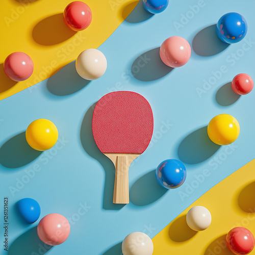 An illustration of colorful table tennis paddles and balls scattered on a vibrant multicolored background, playful and bright