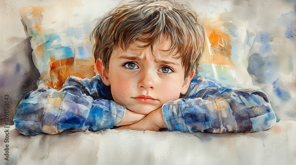 Fototapeta premium Young Boy With a Worried Expression Resting on His Arms, Surrounded by Colorful Pillows During a Quiet Afternoon at Home