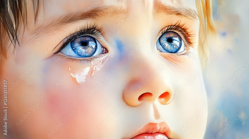 Fototapeta premium Emotional Child With Captivating Blue Eyes and a Single Tear, Conveying a Deep Sense of Sadness in a Soft and Dreamy Background