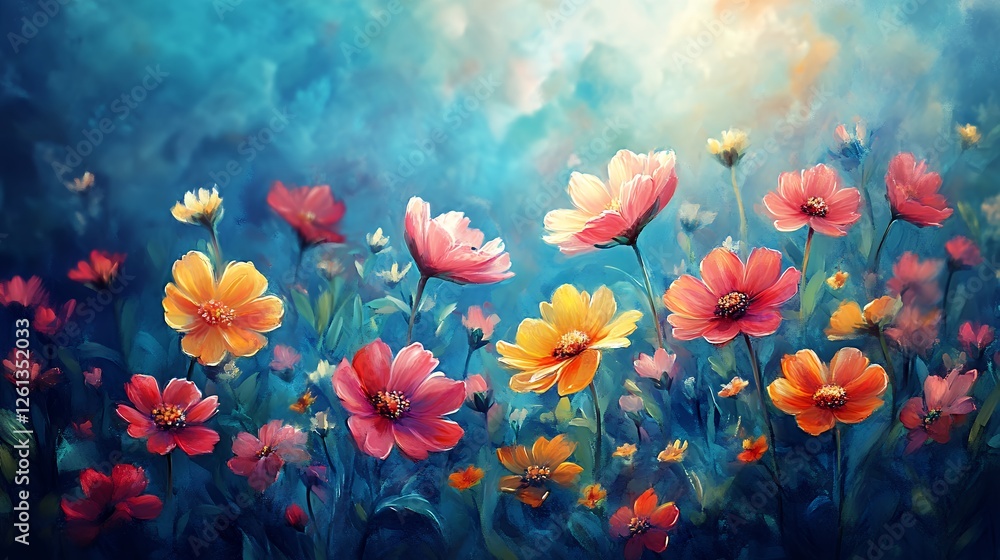 Obraz premium Colorful Flower Garden Bursting With Vibrant Blooms Under a Bright Sky