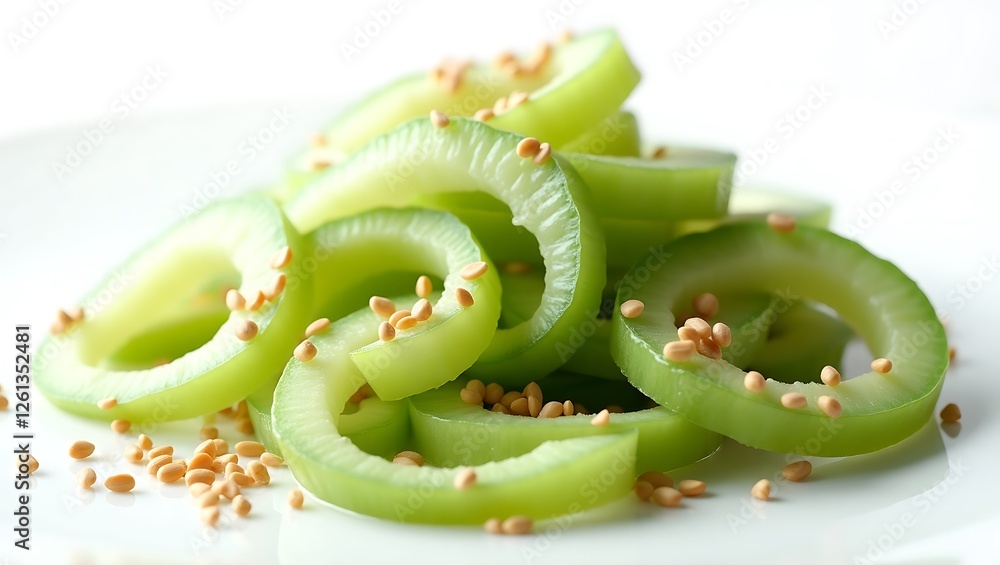 Freshly cut green celery with sesame seeds on a white plate Freshly cut green celery with sesame seeds on a white plate