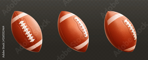 Set of realistic classic brown leather rugby balls isolated on black background. Sports accessory and equipment for American football. Vector 3d illustration