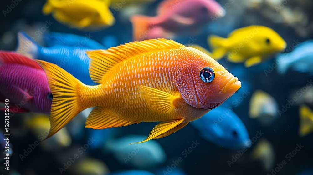 Colorful Cichlids Swimming in a Vibrant Aquarium at a Public Aquarium Exhibit During a Sunny Afternoon Colorful Cichlids Swimming in a Vibrant Aquarium at a Public Aquarium Exhibit During a Sunny Afternoon