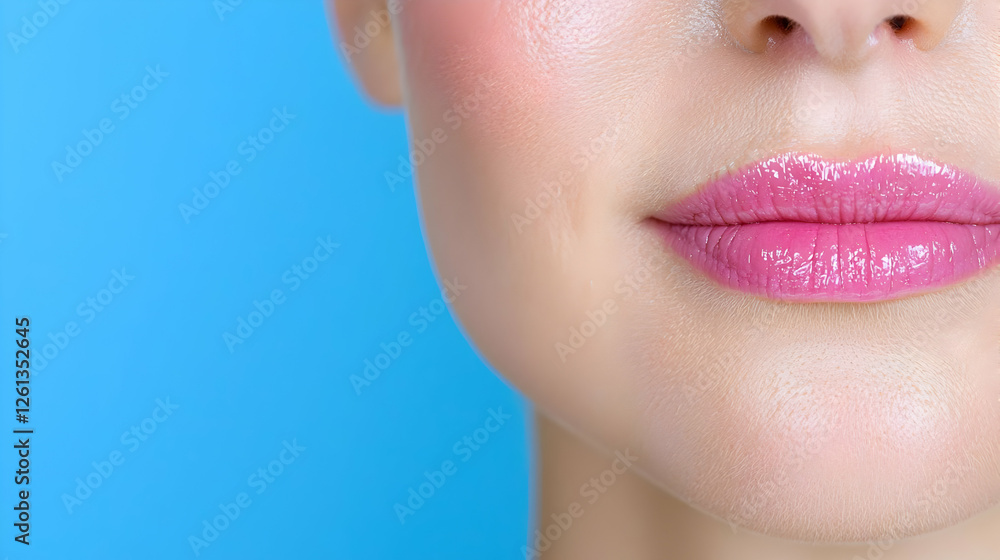 Obraz premium Close-up woman's lips, pink gloss, blue background, beauty