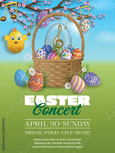 easter concert poster with colorful eggs in a wicker basket and gold musical notes. easter concert flyer with gold 
treble clef in e glass easter egg.