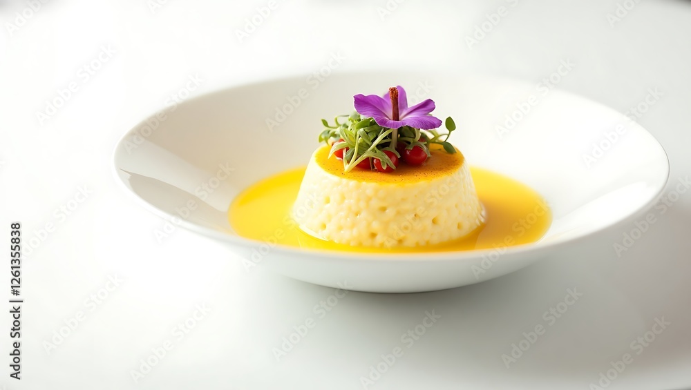 Delicious dessert with mango sauce, garnished with fresh herbs and edible flower Delicious dessert with mango sauce, garnished with fresh herbs and edible flower