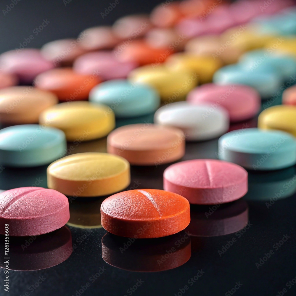 Doctor's desk with round and oblong tablets in various colors in high detail Doctor's desk with round and oblong tablets in various colors in high detail