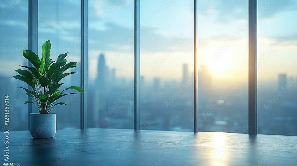 Fototapeta premium Tranquil plant sunrise cityscape office view