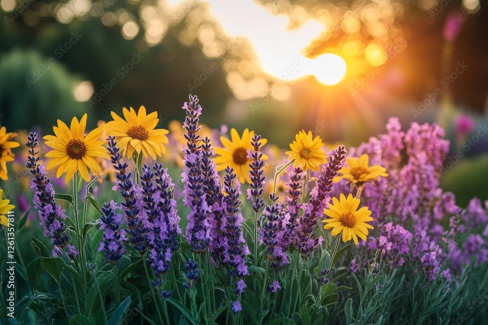 Fototapeta premium Sunset garden, lavender, sunflowers, bokeh