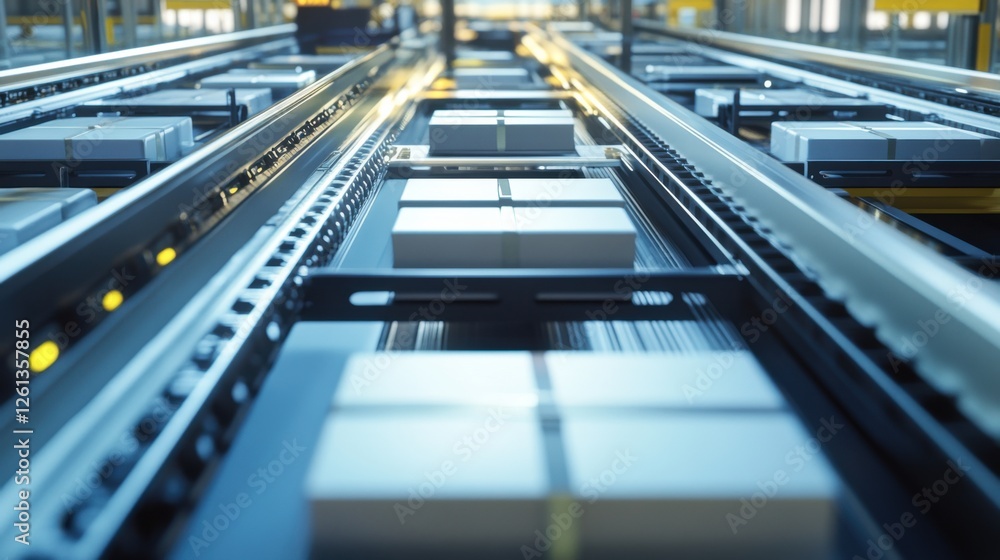 Naklejka premium Distribution Center with Automated Sorting Systems: Highlighting Technology, Efficiency, and Speed in Package Sorting with Detailed View of Conveyor Belts and Sorting Systems