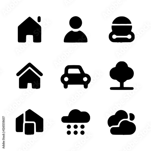 User interface icon collection with home tree car and rain symbols. Black and white minimalistic application icons vector collection set