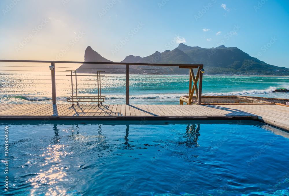 View of Sentinel Peak and Karbonkelberg Mountains from a Swimming Pool, Hout Bay, South Africa