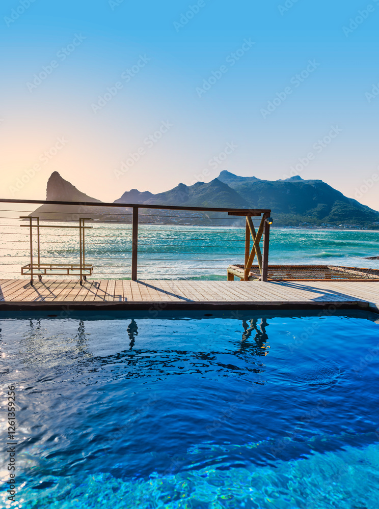 Vertical Shot of Sentinel Peak and Karbonkelberg Mountains from a Swimming Pool, Hout Bay, South Africa