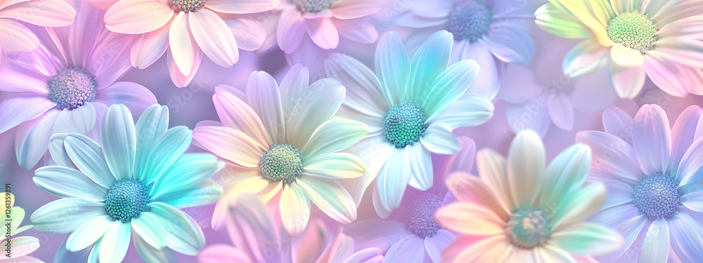 A seamless pattern of pastel rainbow daisies, their petals glowing with soft hues
A seamless pattern of pastel rainbow daisies, their petals glowing with soft hues
